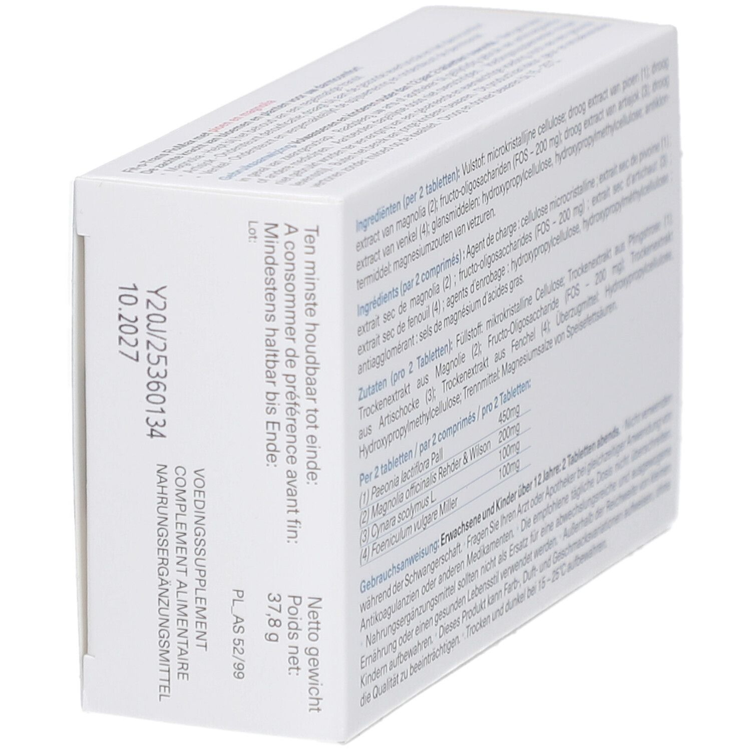 Vue en biais de l'emballage Fit-O-Trans FloMax. Date de péremption et poids net visibles. Emballage blanc.