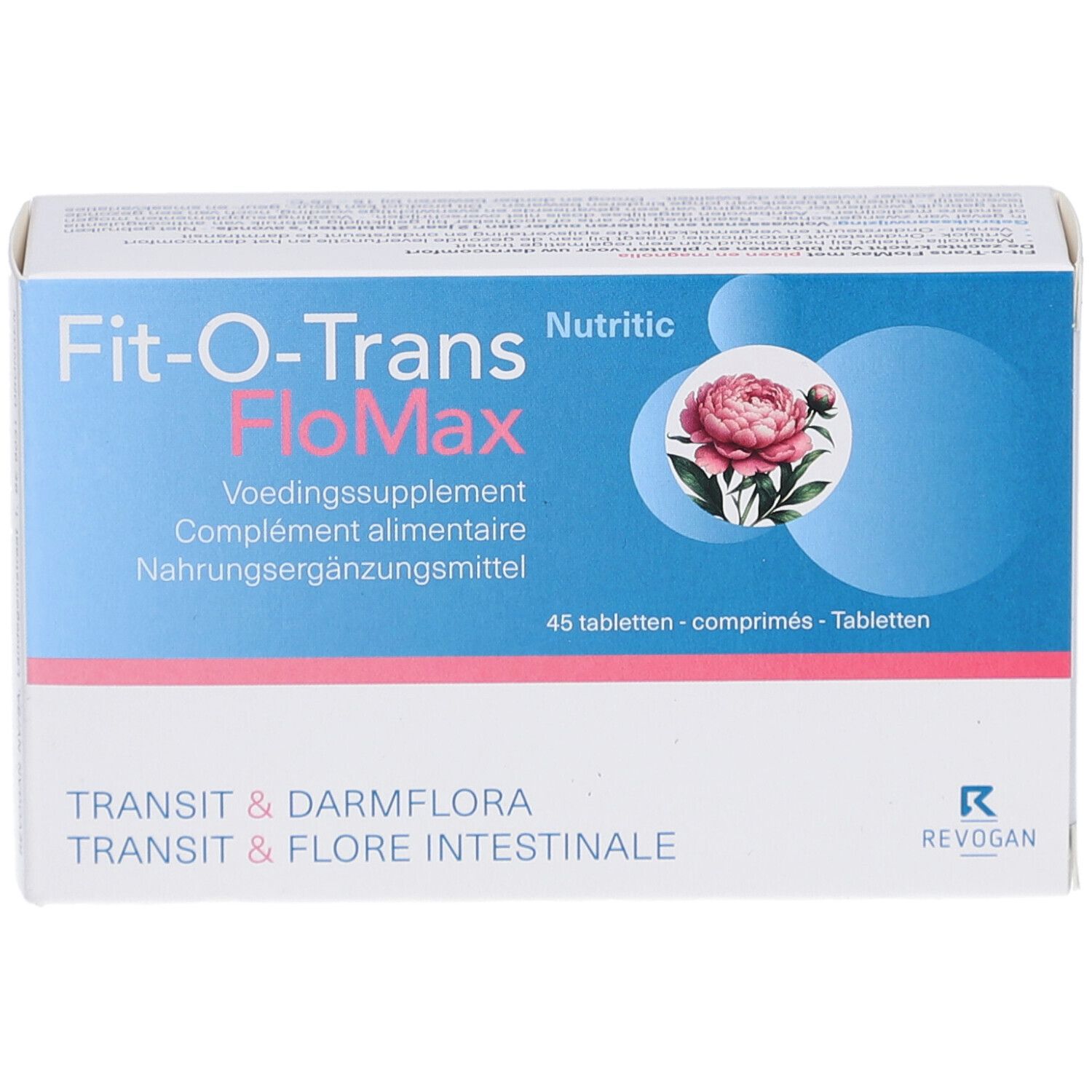 Vue de face de l'emballage Fit-O-Trans FloMax. Nom du produit, logo et motif floral. Emballage bleu et blanc.