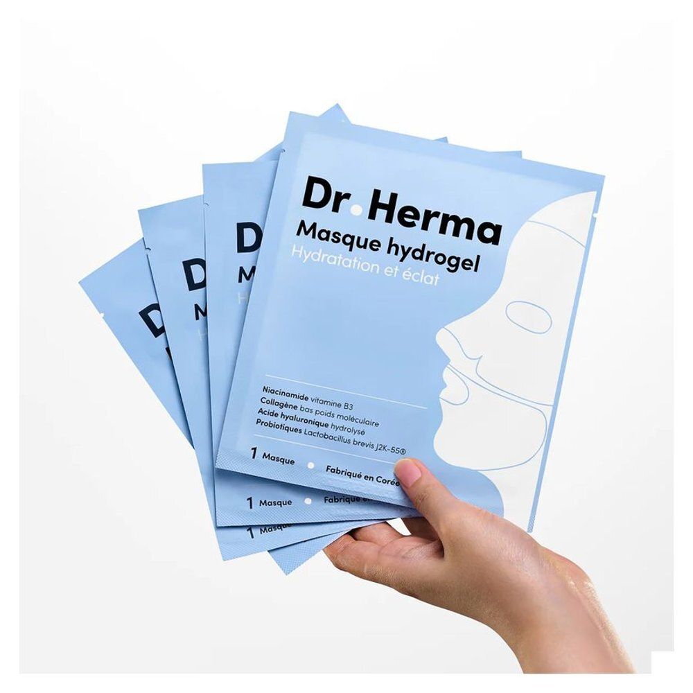 Emballage et masque visage hydrogel Dr. Herma, avec niacinamide, collagène et acide hyaluronique.
