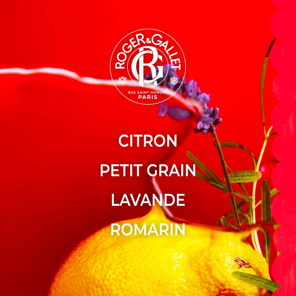 Produit avec citron et herbes. Texte : CITRON, PETIT GRAIN, LAVANDE, ROMARIN. Fond rouge.
