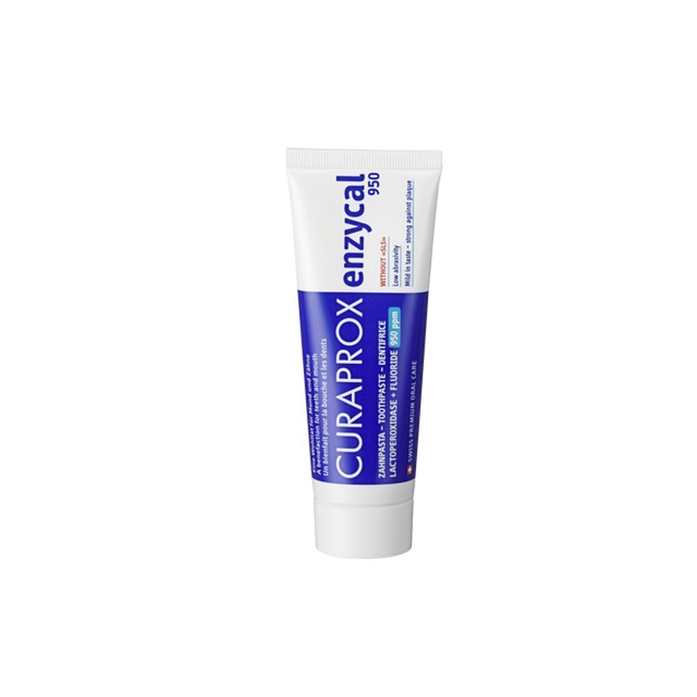 Tube de dentifrice. Tube blanc avec bande bleue. Texte : CURAPROX, enzycal 950, dentifrice, fluorure 950ppm.