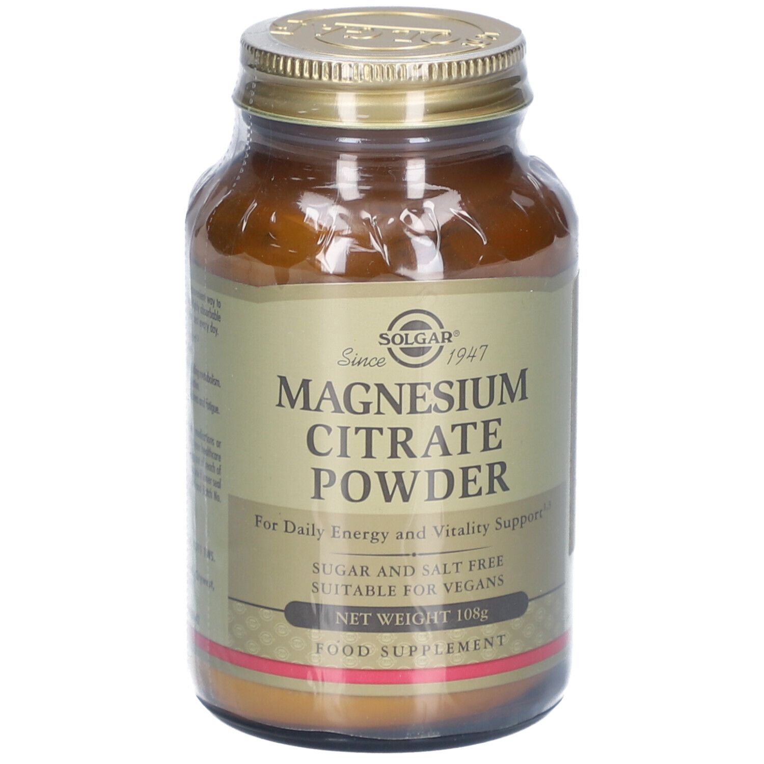 Flacon en verre brun avec couvercle doré. Inscription: Magnesium Citrate Powder. Convient aux végétaliens. Poids net 108g. Emballé dans du film.