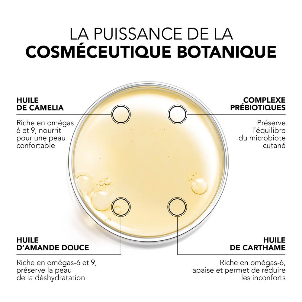 Gros plan sur un bol d'huiles. Texte : Huile de Camélia, Huile d'Amande Douce, Huile de Carthame.