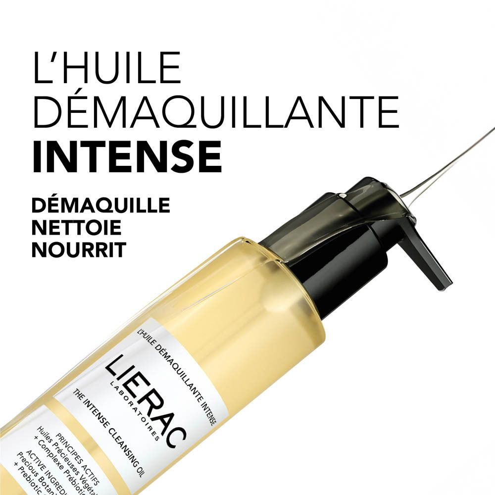 Flacon avec pompe noire. Texte : L'Huile Démaquillante Intense. Démaquille, nettoie, nourrit.
