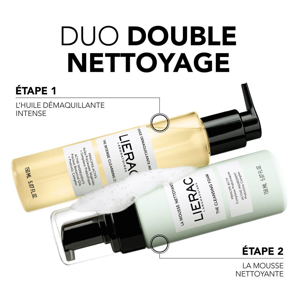 Deux flacons. Texte : Duo Double Nettoyage. L'Huile Démaquillante Intense, La Mousse Nettoyante.