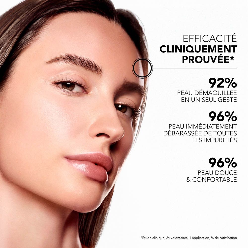 Visage d'une femme. Texte: EFFICACITÉ CLINIQUEMENT PROUVÉE. 92% peau démaquillée, 96% impuretés.