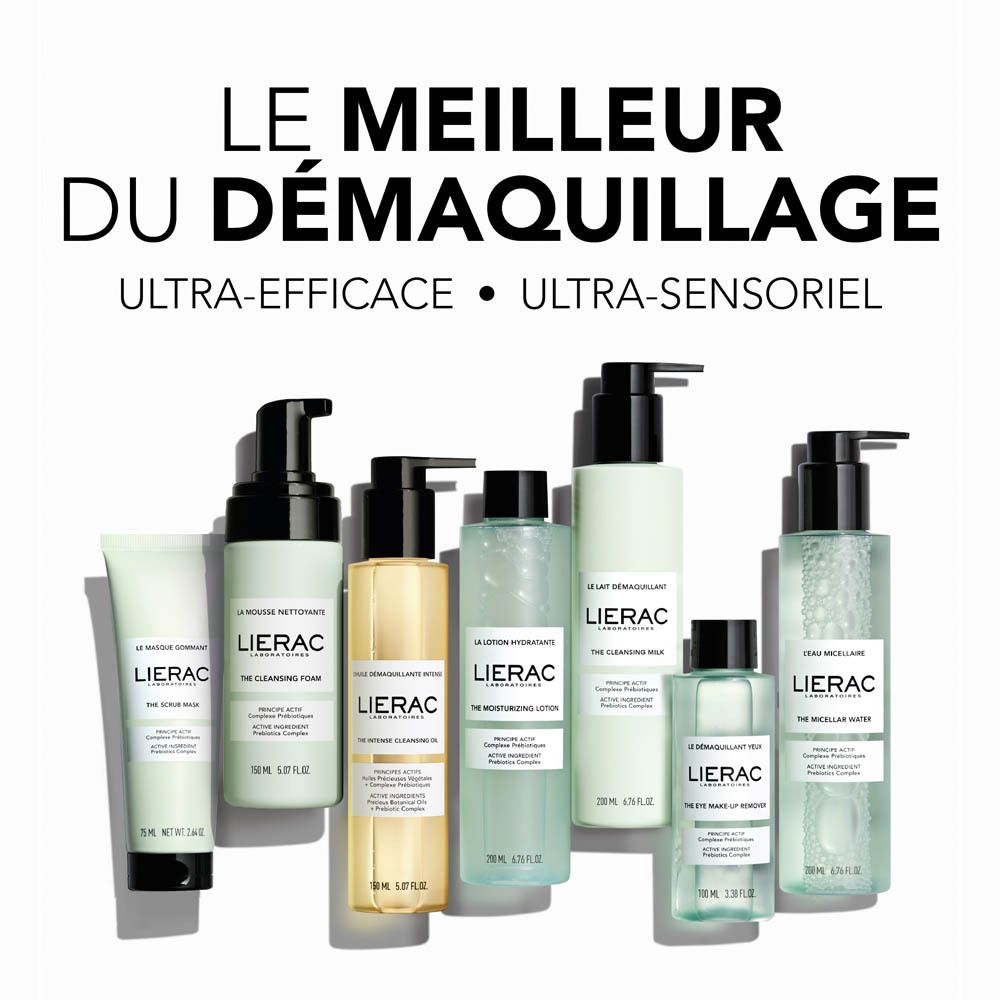 Différents produits. Inscription: LIERAC. Texte: LE MEILLEUR DU DÉMAQUILLAGE.