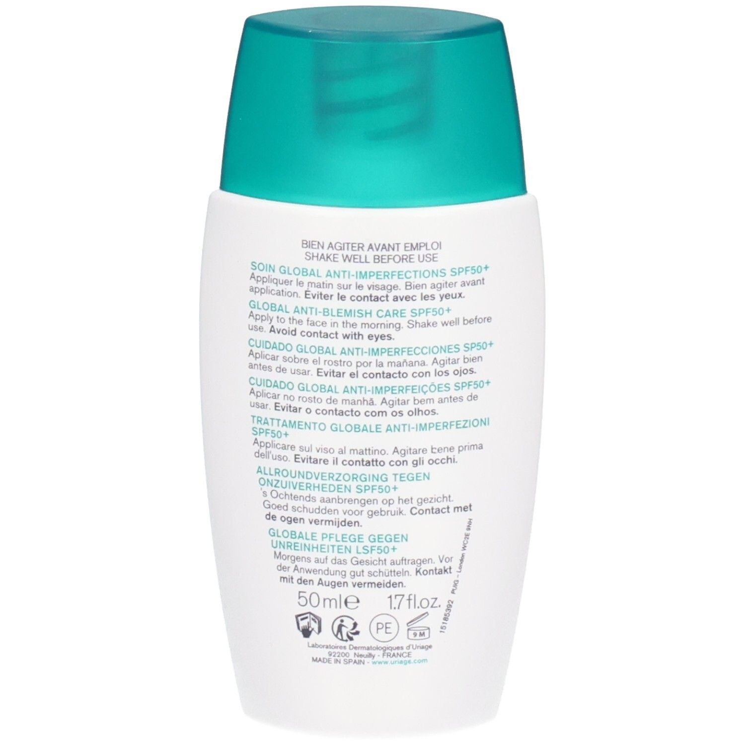 Dos du flacon blanc. Texte multilingue. Uriage Hyseac 3-Regul+ SPF50+.