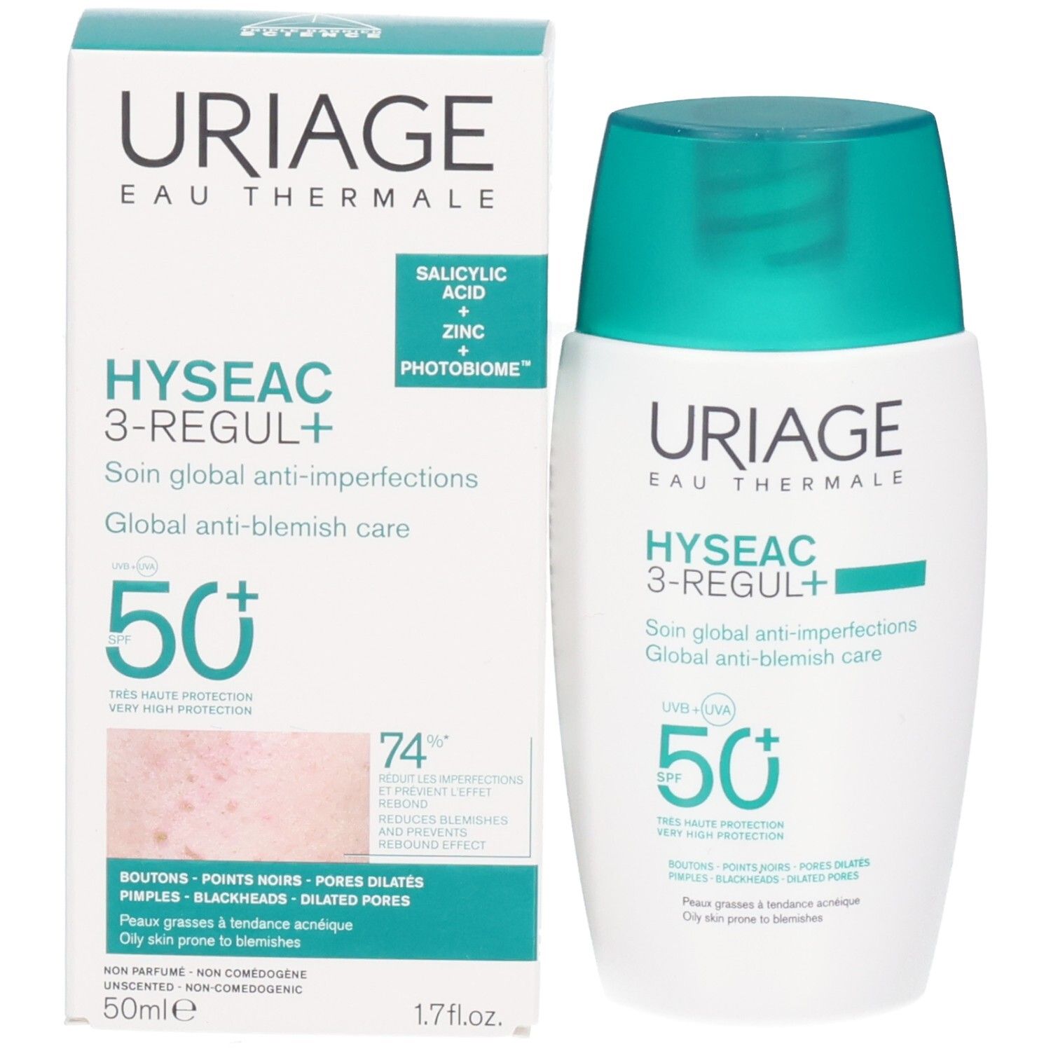Emballage du produit. Uriage Hyseac 3-Regul+ SPF50+ et flacon. Texte et image du produit.