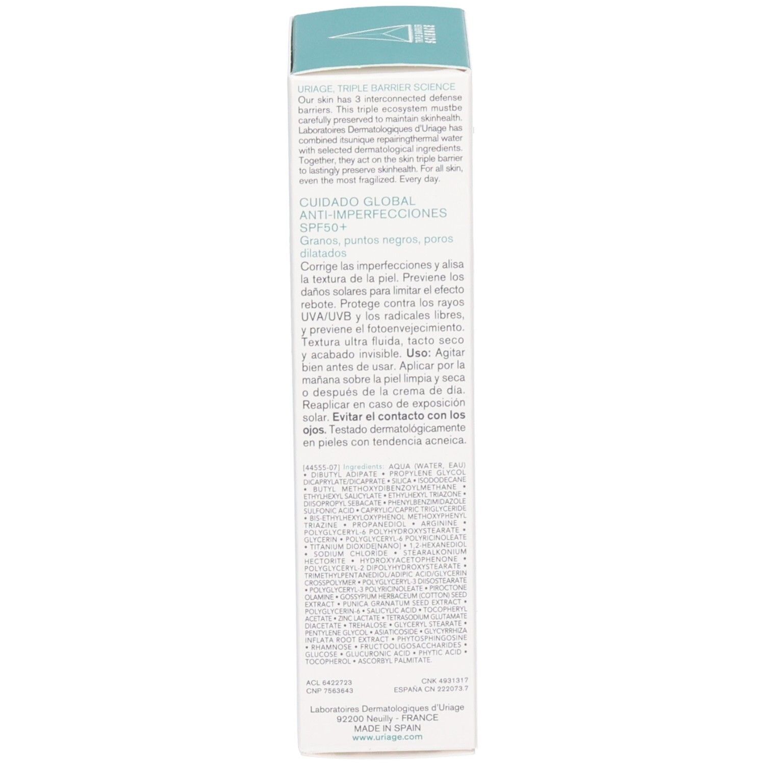 Emballage du produit. Texte multilingue. Logo Uriage. Informations sur le produit.