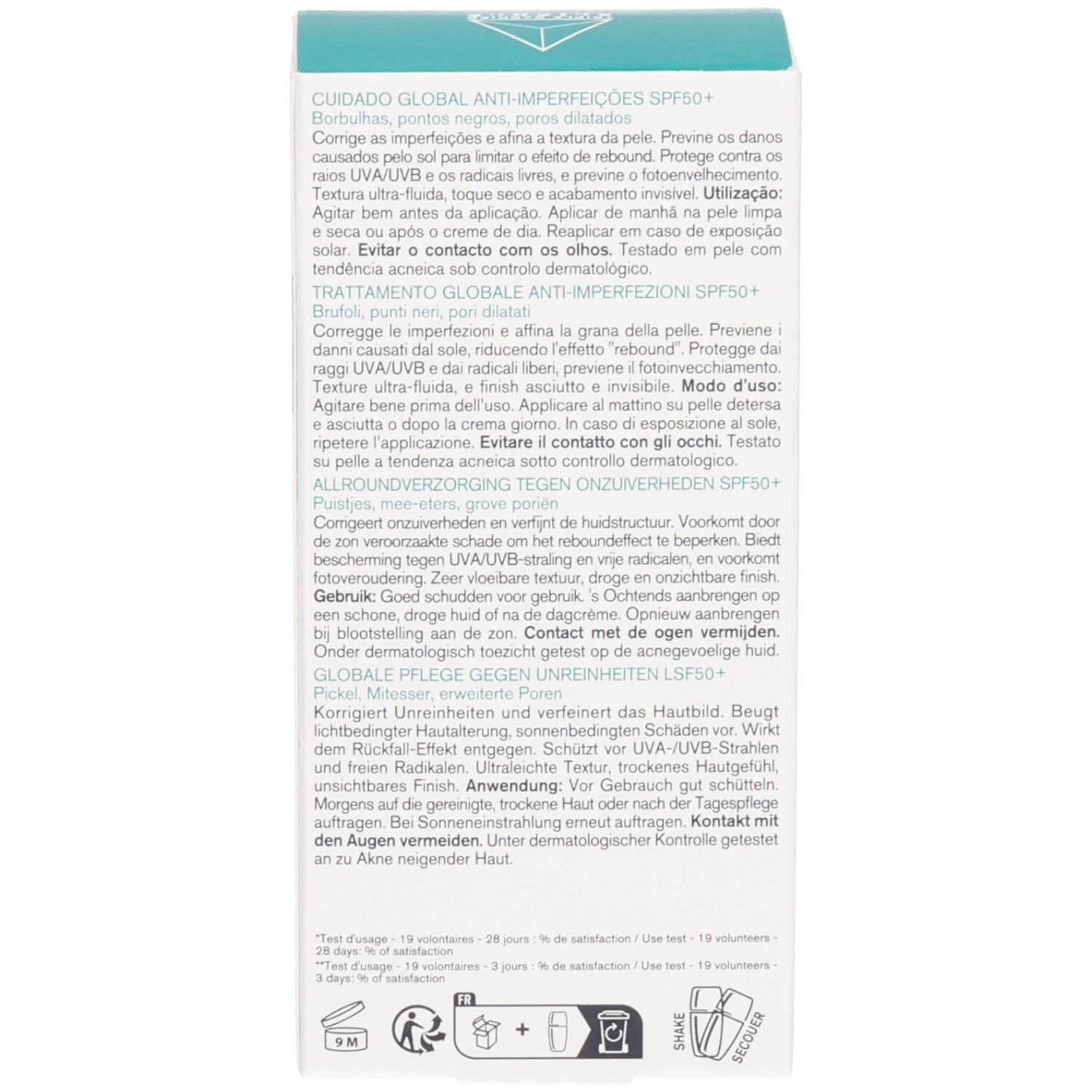 Emballage du produit. Texte multilingue. Logo Uriage. Informations sur le produit.