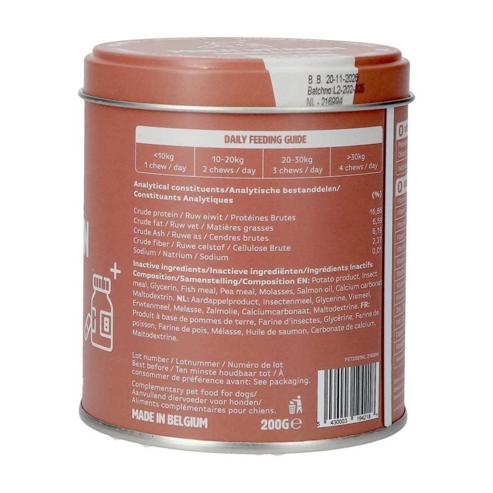 Dos de la boîte avec recommandations d'alimentation et analyse. Contient 200g. Texte en allemand, anglais, français et néerlandais.