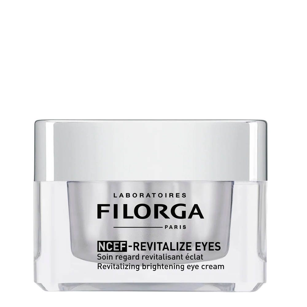 Pot rond avec couvercle. Marque FILORGA, nom NCEF-Revitalize Eyes. Texte en anglais et français.