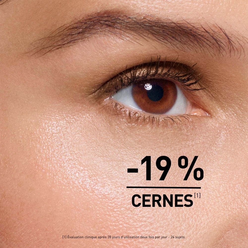 Œil avec -19% de cernes. Texte: -19% CERNES. Étude après 28 jours.