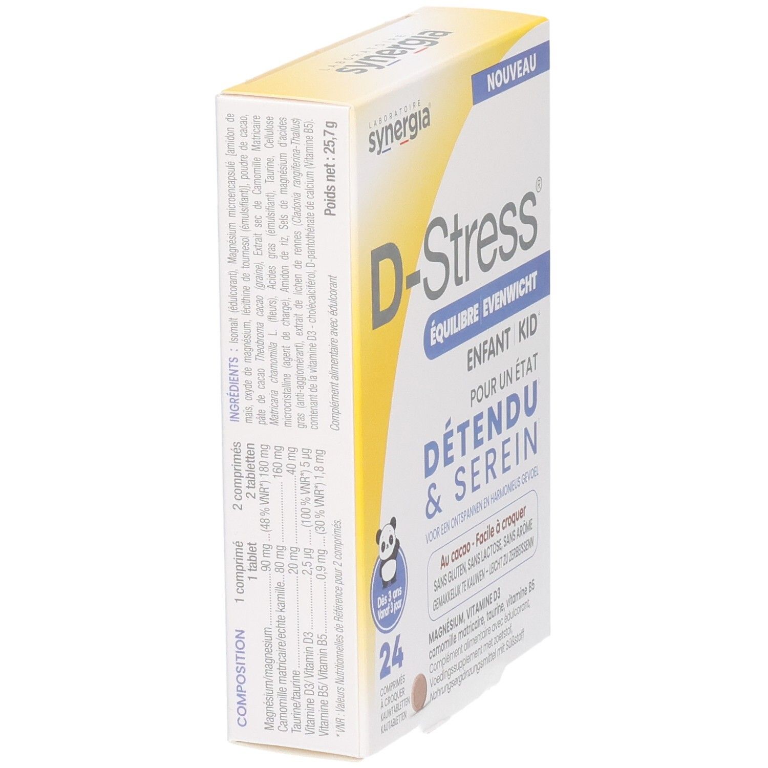 Arrière de la boîte D-Stress Équilibre Enfant Kid avec liste des ingrédients.