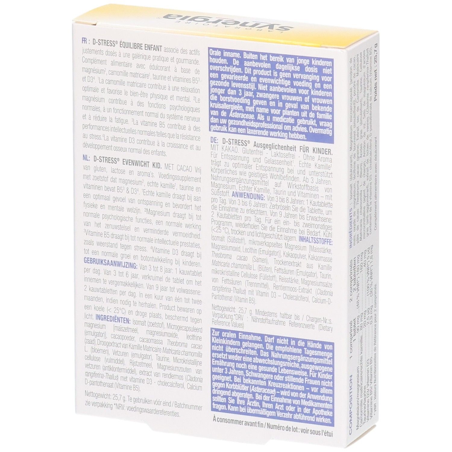 Vue latérale de la boîte D-Stress Équilibre Enfant Kid avec instructions d'utilisation.