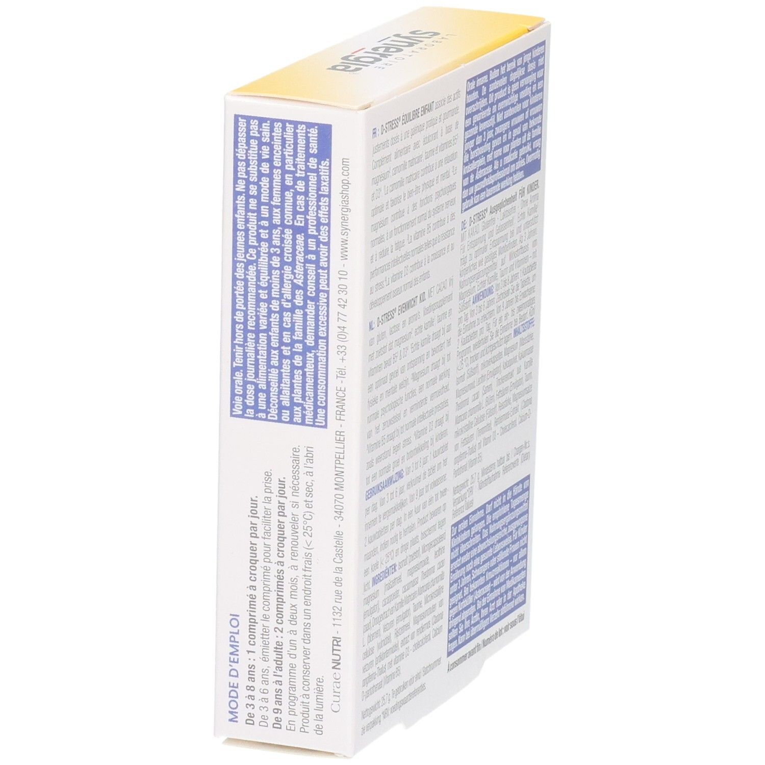 Vue latérale de la boîte D-Stress Équilibre Enfant Kid avec instructions d'utilisation.