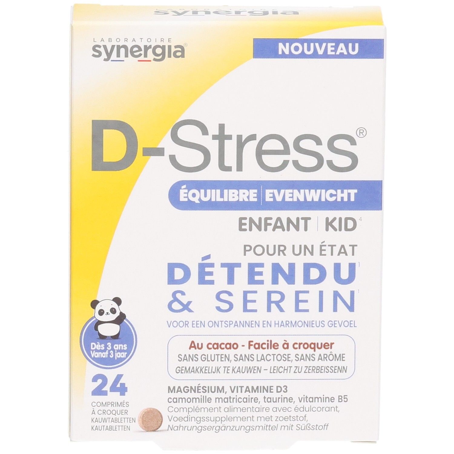 D-Stress Équilibre Enfant Kid boîte de 24 comprimés à croquer avec motif panda.