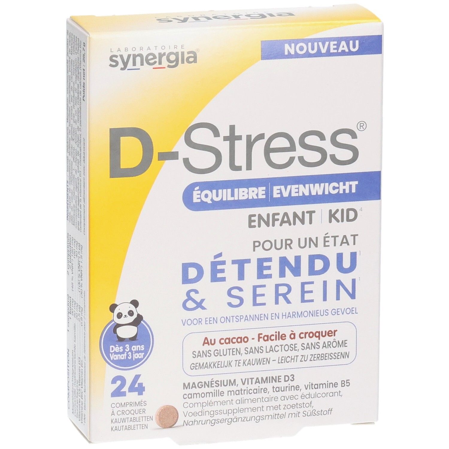 Face avant de la boîte D-Stress Équilibre Enfant Kid avec motif panda et 24 comprimés.