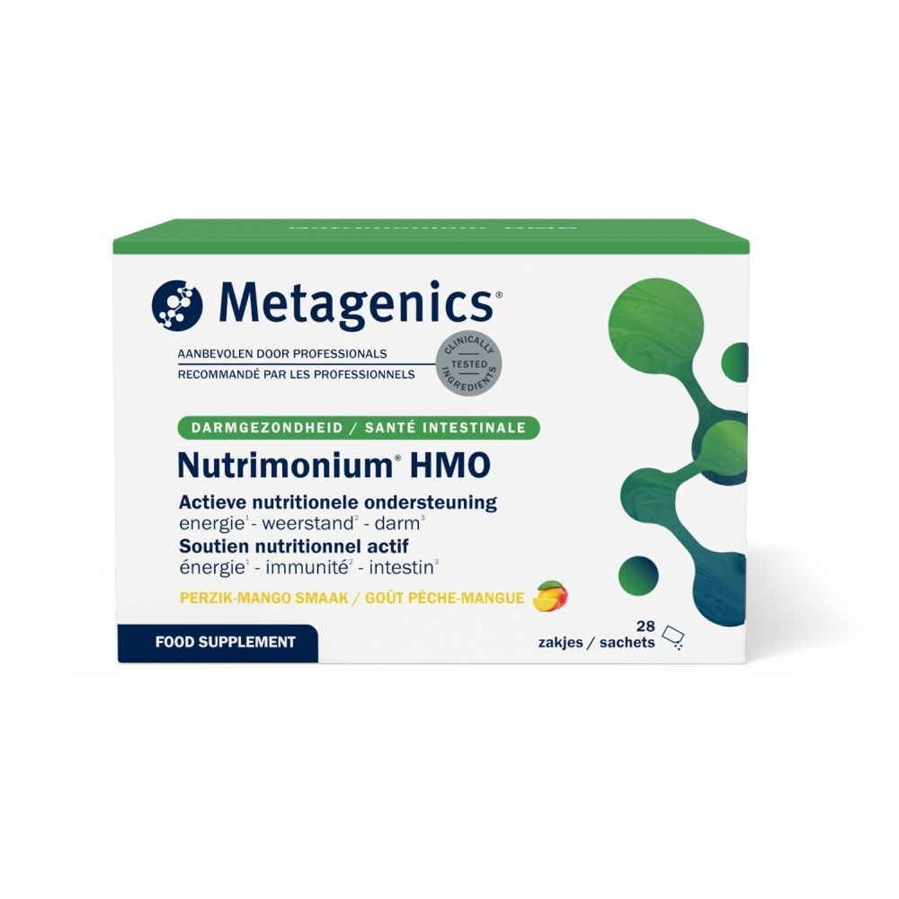 Boîte Metagenics Nutrimonium HMO, face avant avec informations produit en français, 'Santé intestinale'.