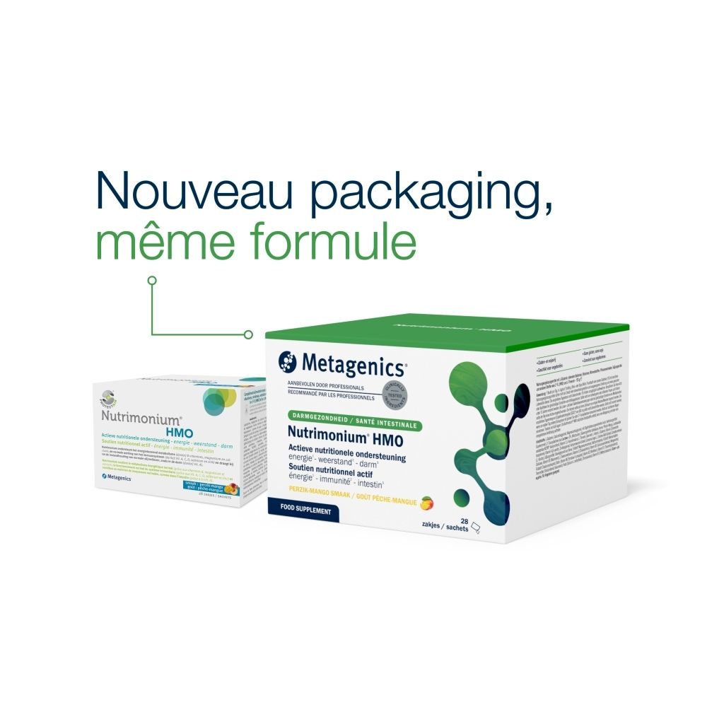 Boîte Metagenics Nutrimonium HMO, arrière avec informations nutritionnelles et ingrédients en français.