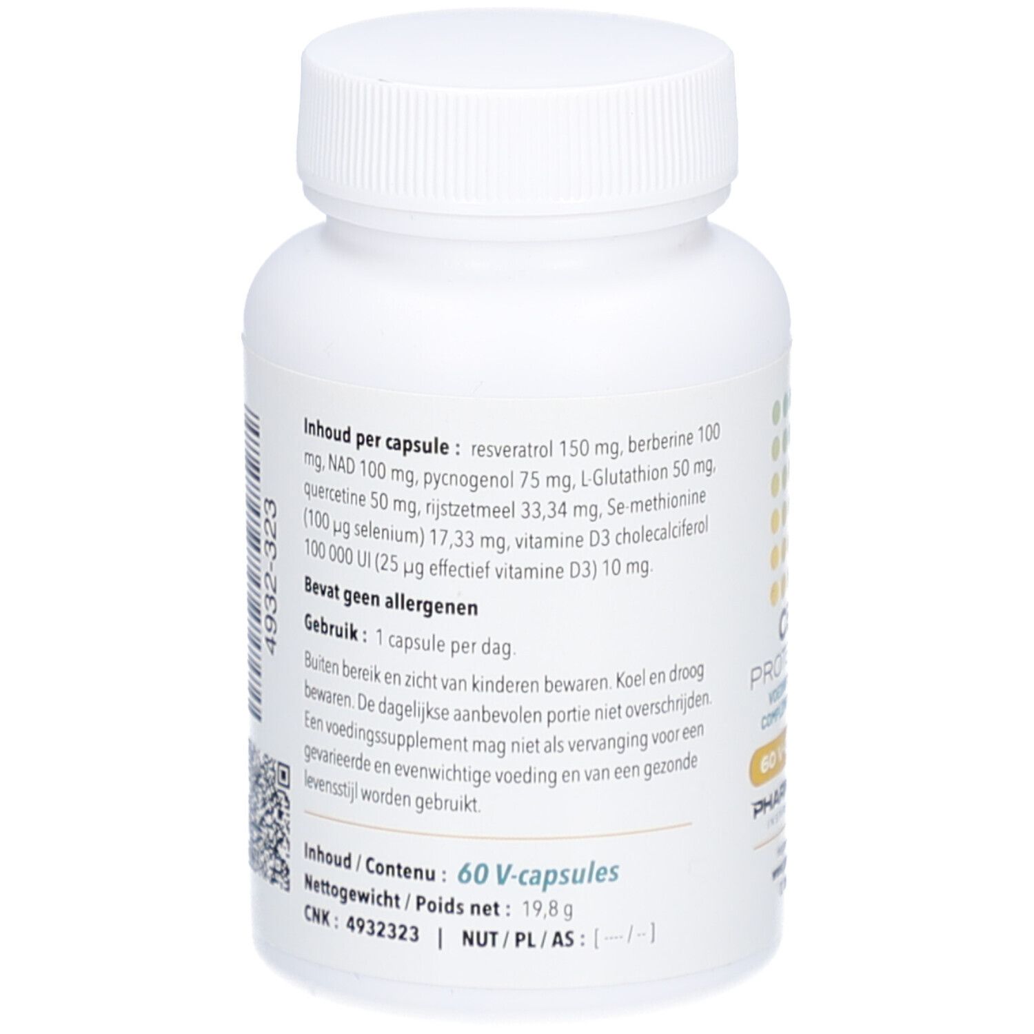 Dos du flacon blanc. Texte avec informations sur le contenu par capsule, avertissements et code QR.