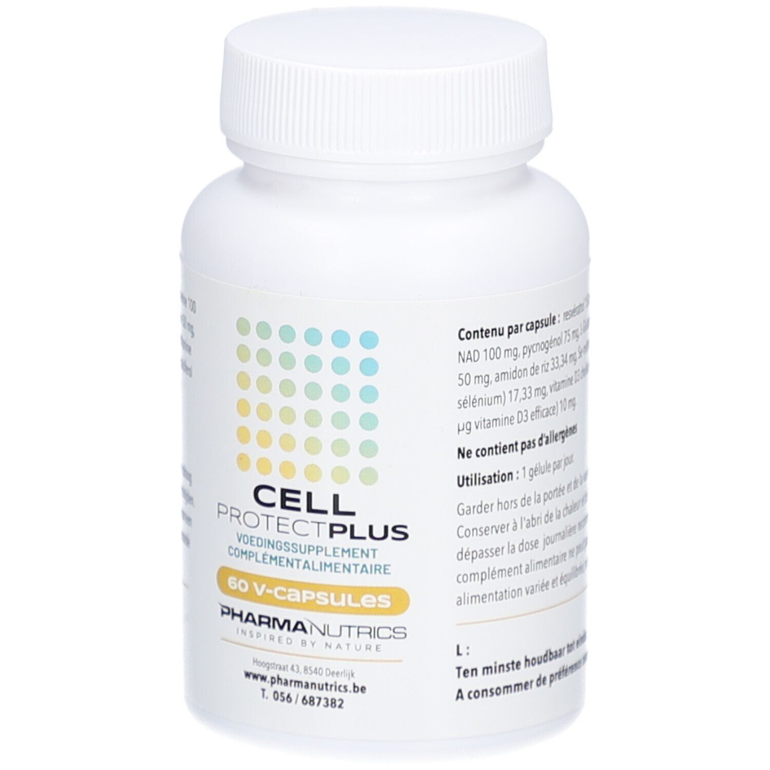 Flacon blanc avec bouchon à vis. Inscription: CELL PROTECT PLUS, 60 V-capsules, Pharmanutrics.