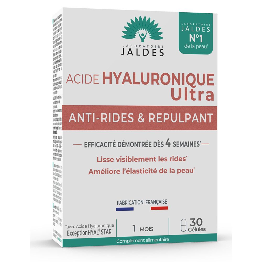 Boîte Laboratoire Jaldes Acide Hyaluronique Ultra. Texte: Anti-Rides & Repulpant, 1 mois, Fabrication Française. 30 gélules.