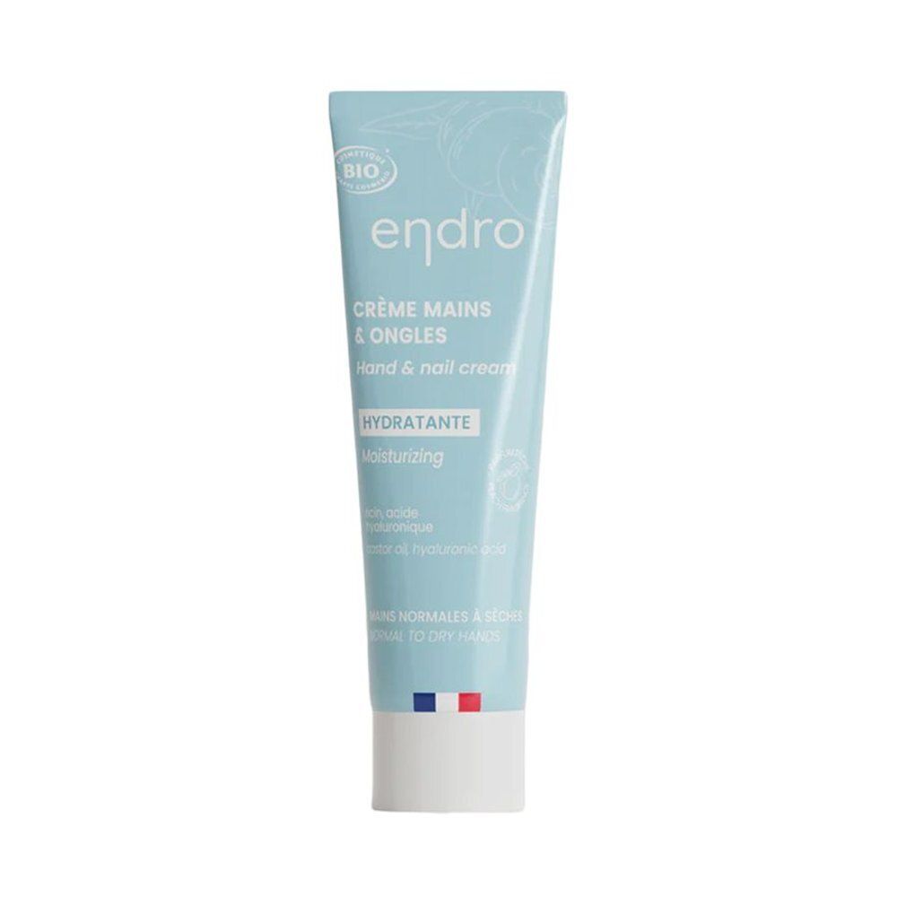 Tube bleu clair avec bouchon blanc. Inscription : endro, Crème Mains & Ongles, Hand & nail cream, Hydratante, Normal to dry hands.