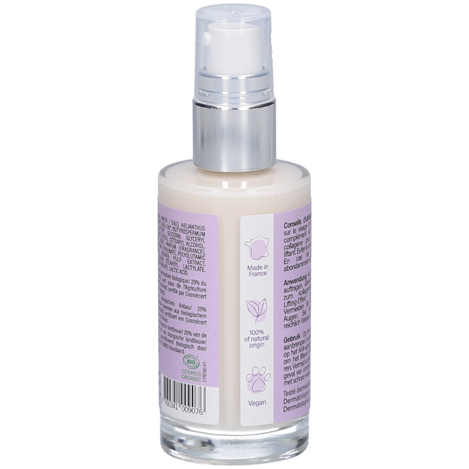 Dos du flacon de crème. Texte: ingrédients, origine France, 100% ingrédients naturels, vegan.