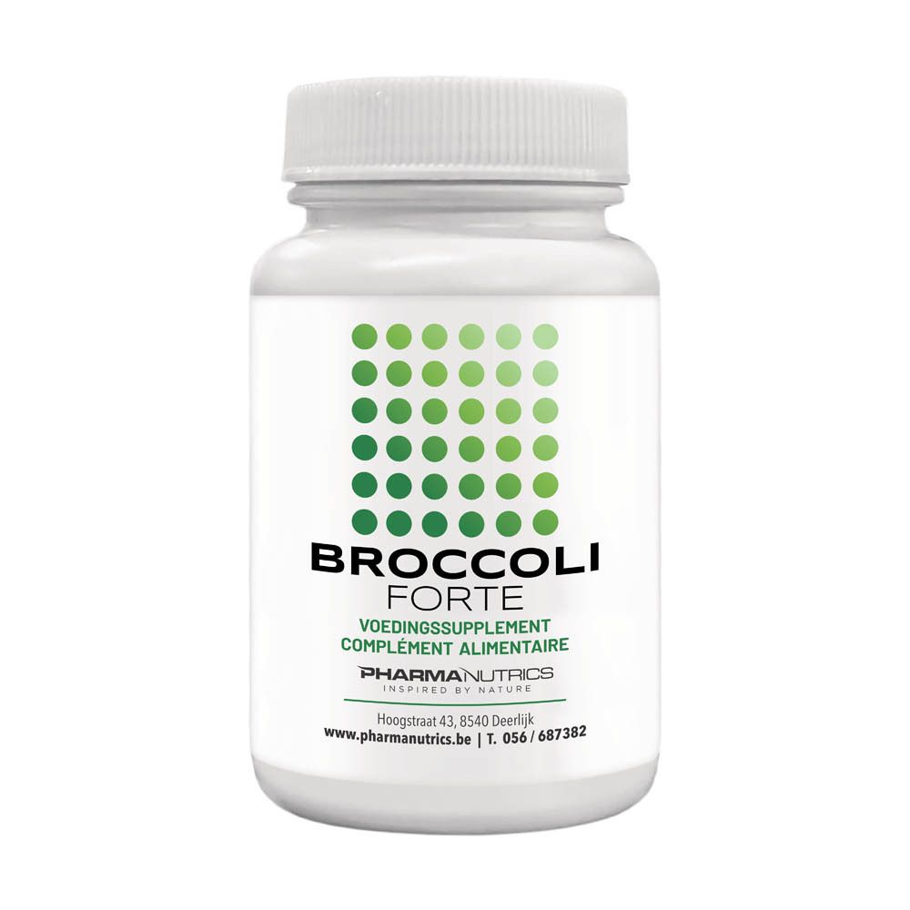 Flacon blanc de 60 V-capsules de Brocoli Forte, avec un étiquette verte.