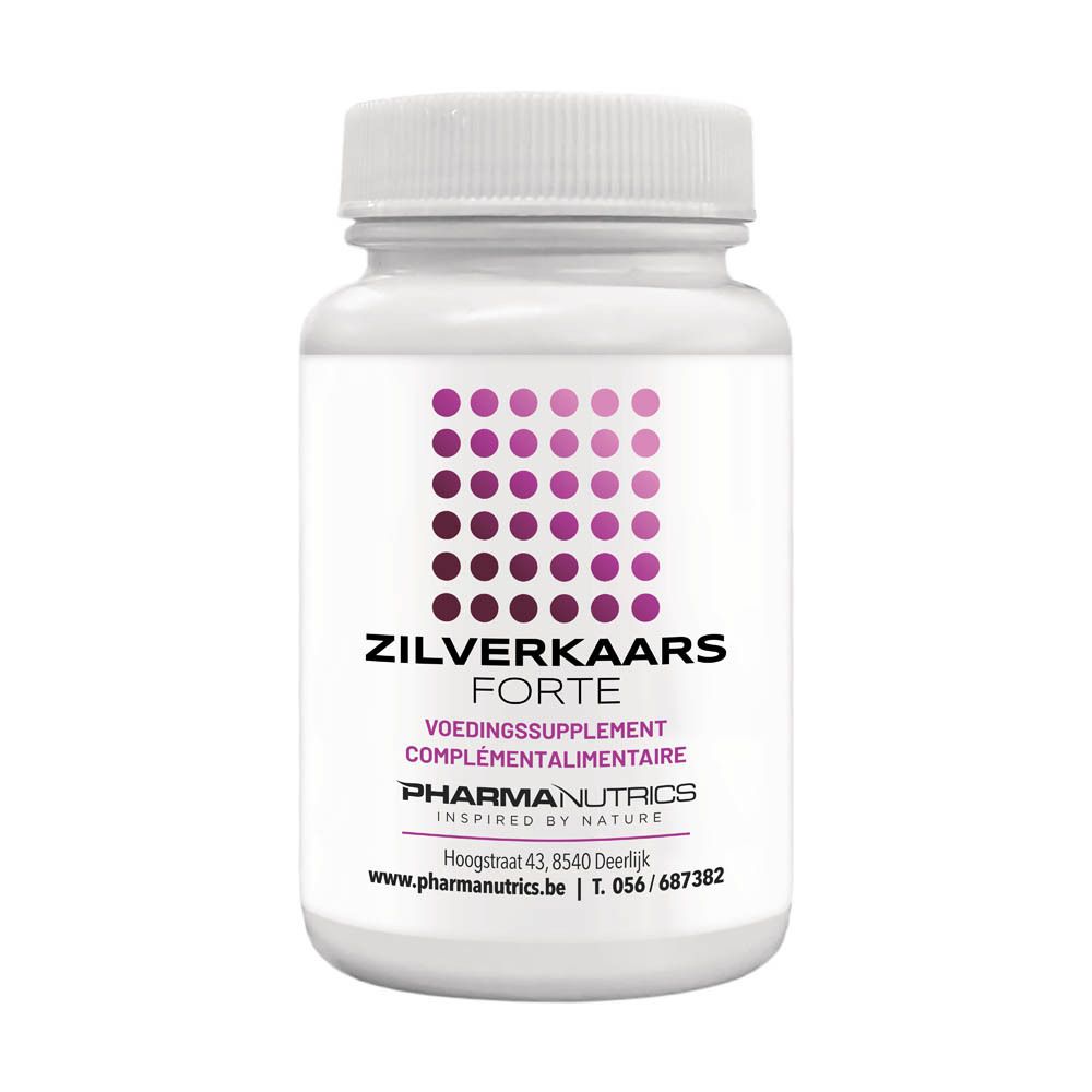Flacon blanc, étiquette violette. Inscription: Zilverkaars Forte, PharmaNutrics.