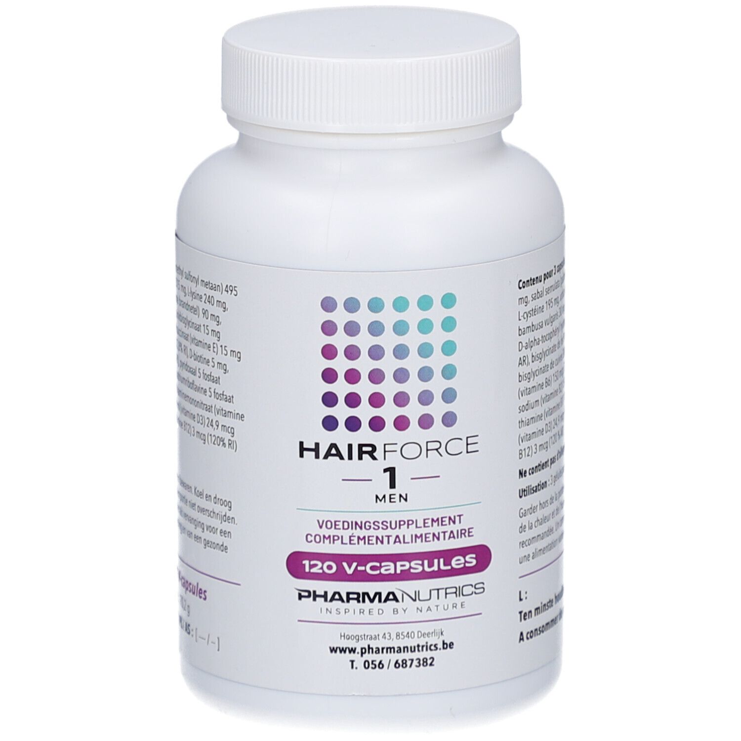 Flacon blanc de gélules. Inscription: Hair Force 1 Men, 120 V-capsules. Marque: Pharmanutrics.