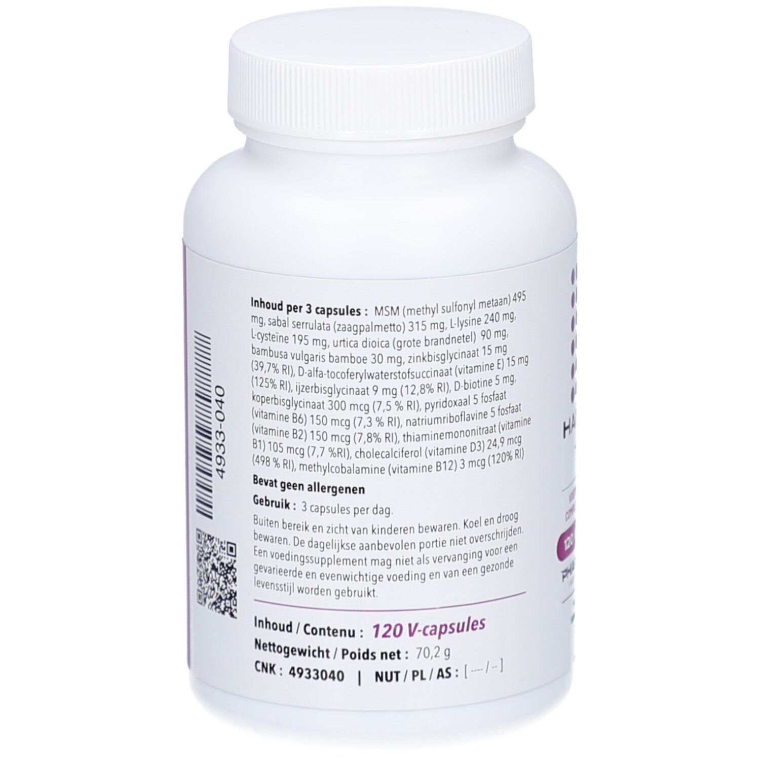 Dos du flacon blanc. Texte avec ingrédients et mode d'emploi. Code QR et code-barres.