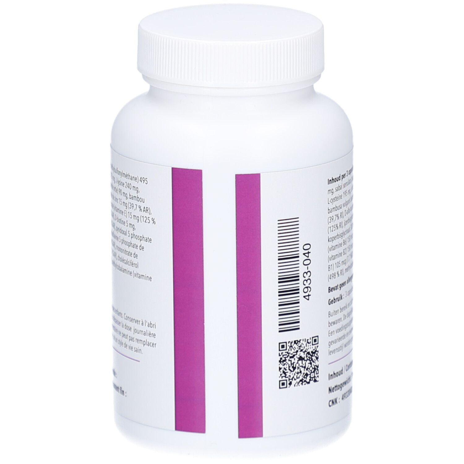 Dos du flacon blanc. Code-barres et code QR. Bandes violettes.