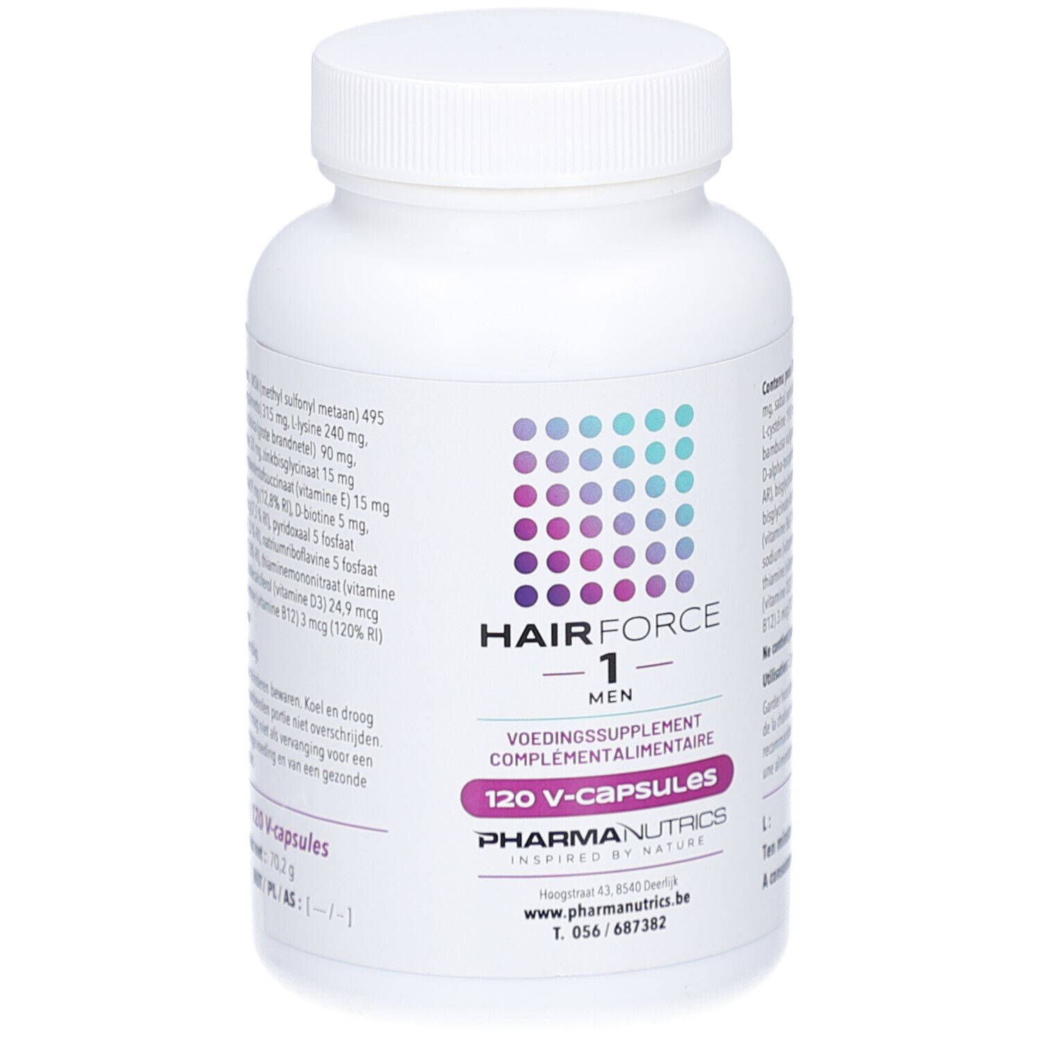 Flacon blanc de gélules. Inscription: Hair Force 1 Men, 120 V-capsules. Marque: Pharmanutrics.