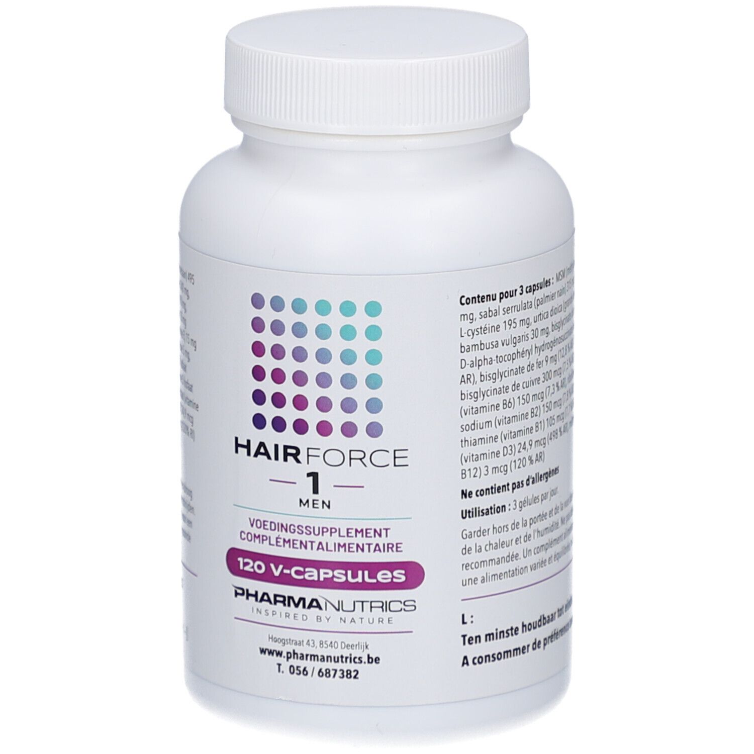 Flacon blanc de gélules. Inscription: Hair Force 1 Men, 120 V-capsules. Marque: Pharmanutrics.
