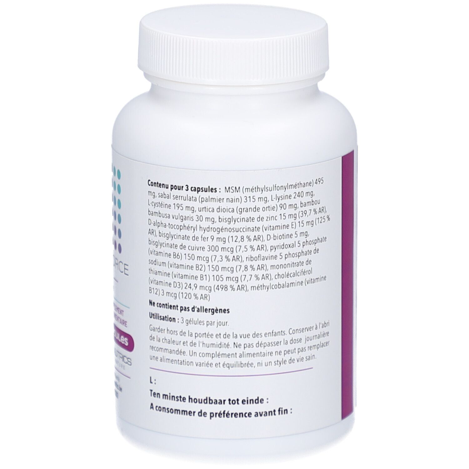 Dos du flacon blanc. Texte avec ingrédients et mode d'emploi.