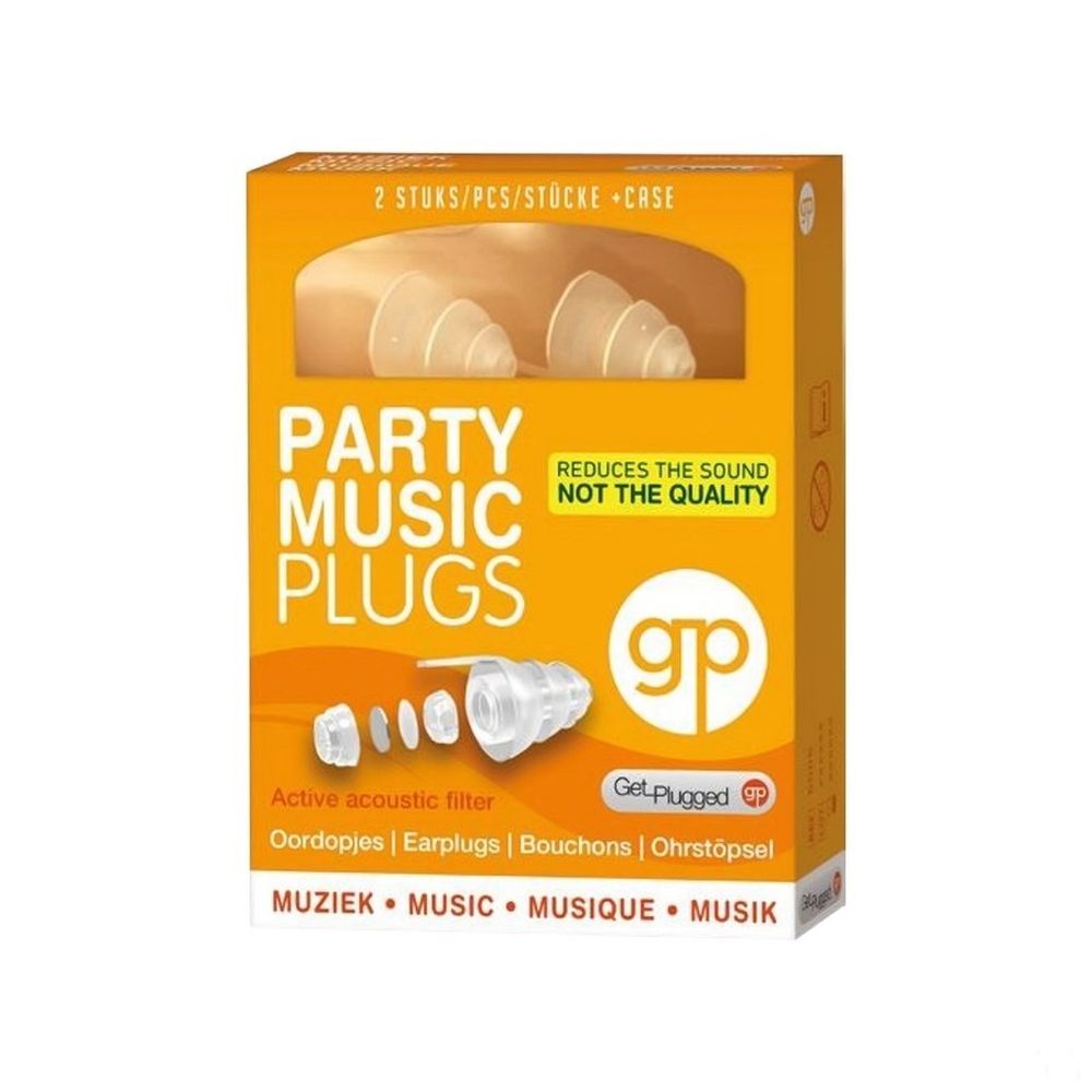 Emballage de Party Music Plugs. Montre des bouchons d'oreilles avec filtre acoustique actif et boîte de rangement. Texte en français.