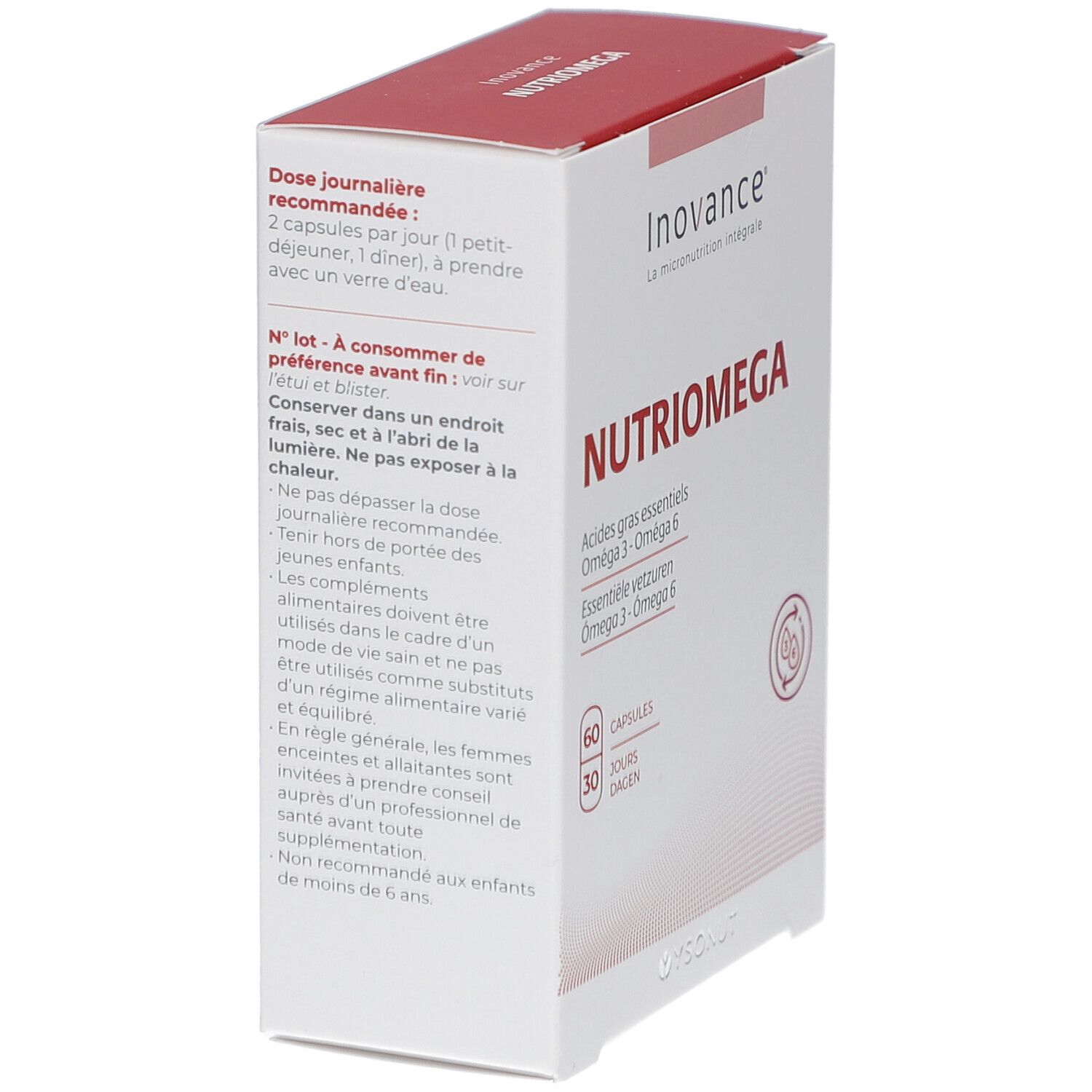 Boîte blanche et rouge. Inscription: NUTRIOMEGA. Contient des acides gras oméga 3 et 6. Marque : Inovance. Texte sur le côté.