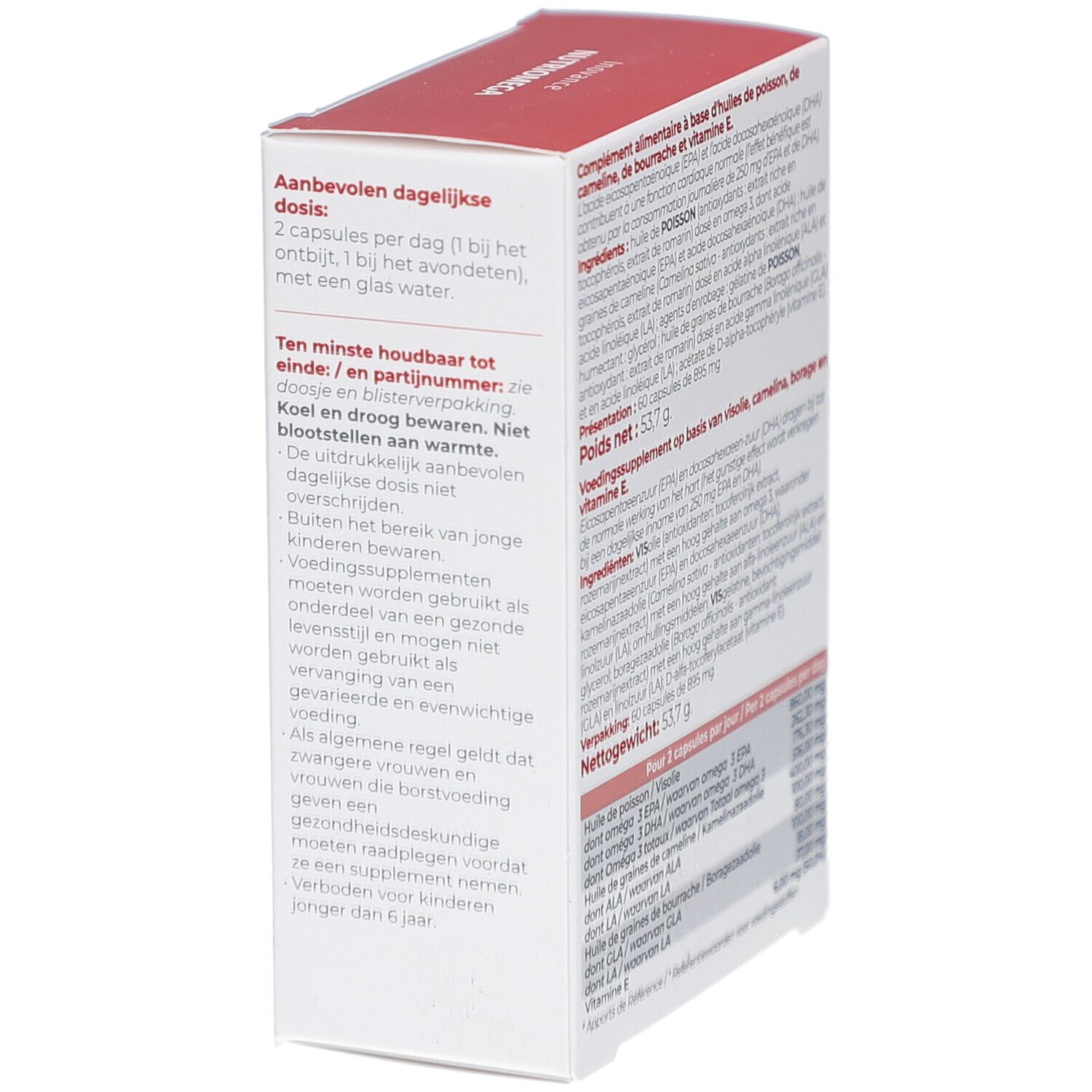 Dos de la boîte blanche. Contient des informations sur le dosage et le stockage. Inscription: NUTRIOMEGA. Marque : Inovance.