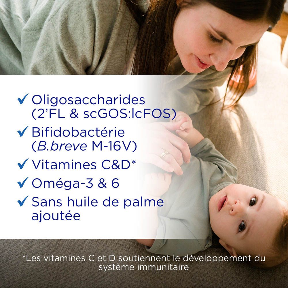 Boîte bleue de lait infantile. Inscription: Nutrilon Profutura CARE 2. Pour bébés de 6 à 12 mois.