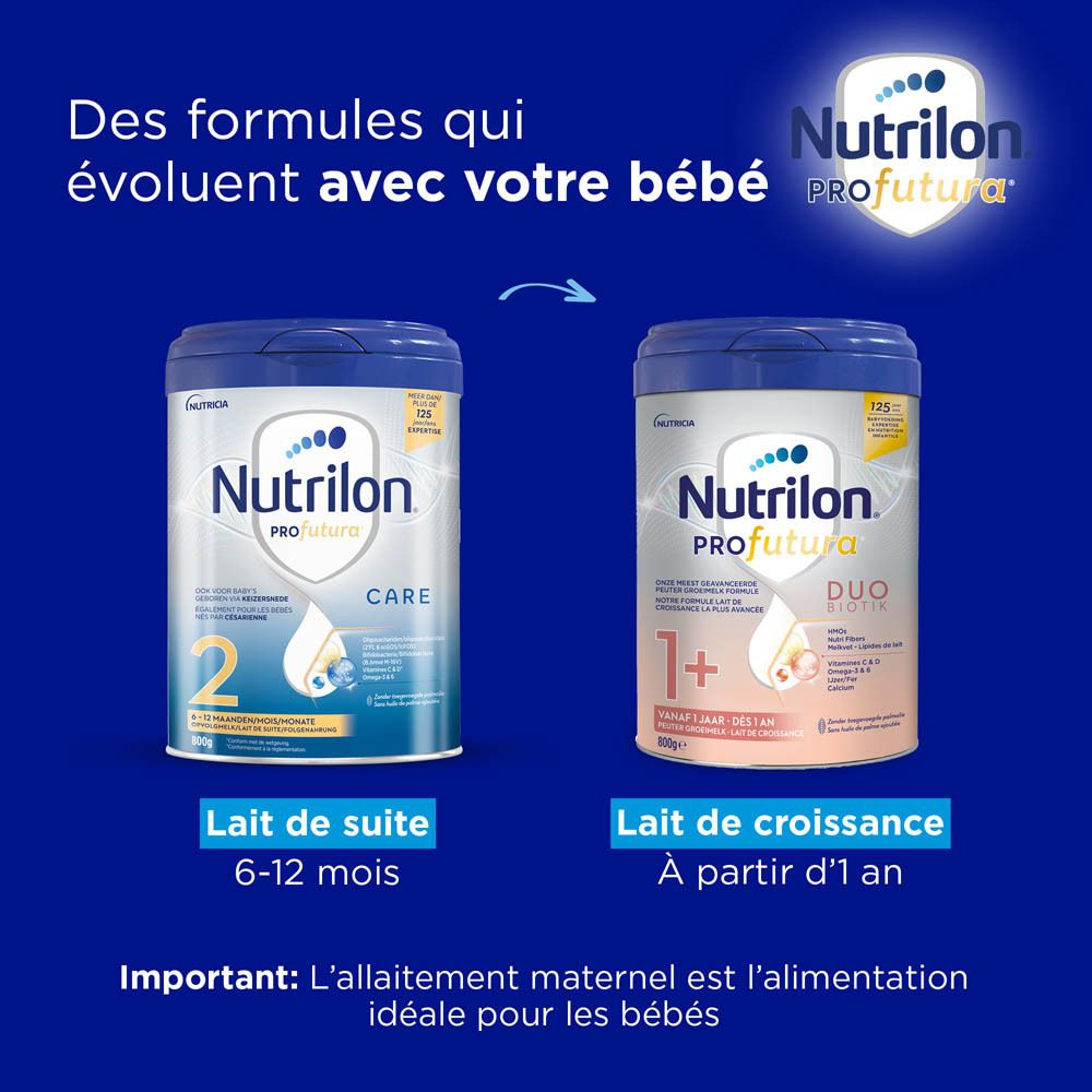 Boîte bleue de lait infantile. Inscription: Nutrilon Profutura CARE 2. Pour bébés de 6 à 12 mois.