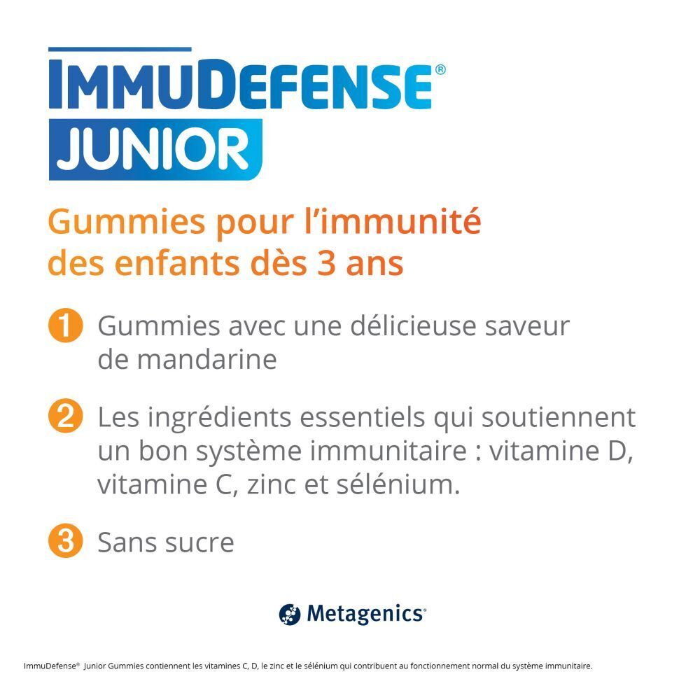 Texte avec informations sur ImmuDefense Junior. Gommes pour enfants dès 3 ans. Sans sucre.