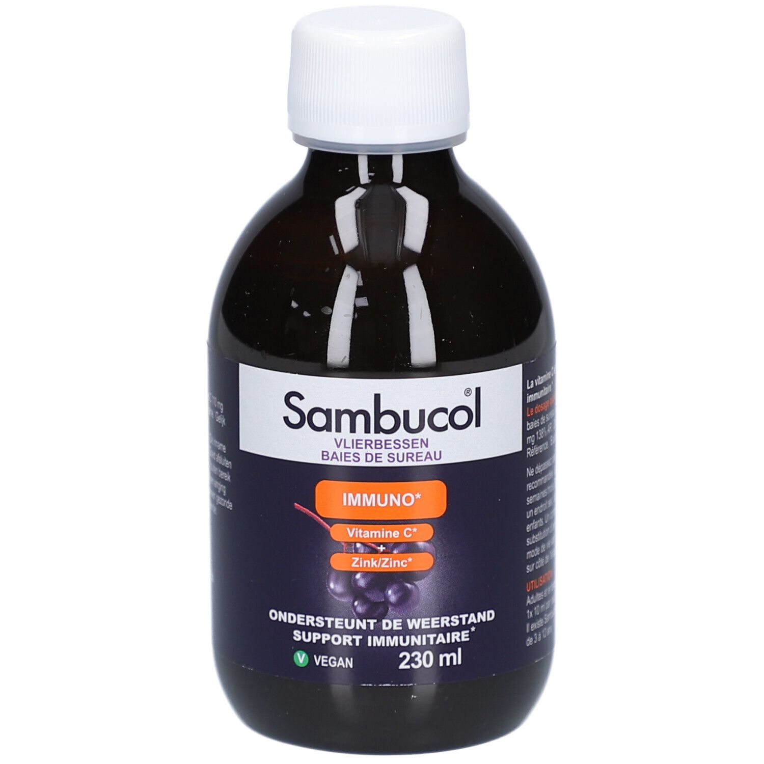 Bouteille marron avec bouchon blanc. Étiquette avec nom du produit, ingrédients et volume. Vegan.
