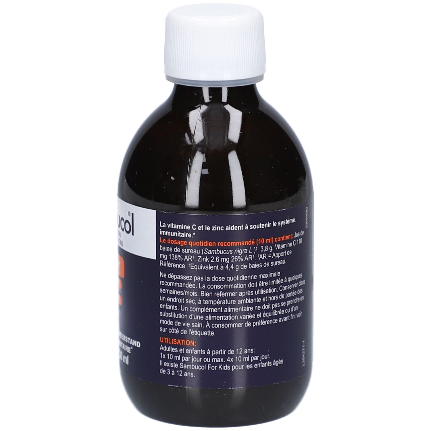 Dos de la bouteille avec informations sur les ingrédients et le dosage. Vegan.
