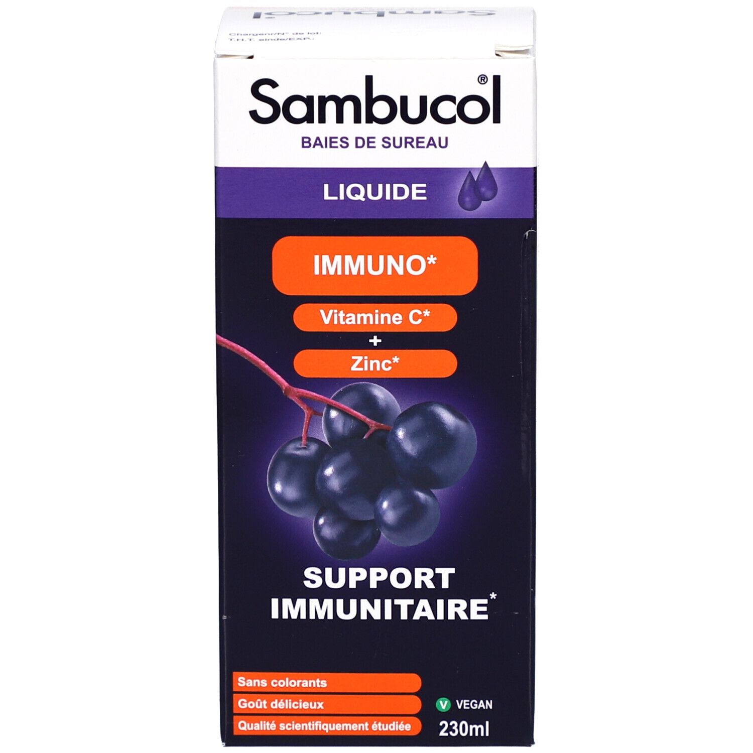 Emballage du produit. Boîte avec nom du produit, ingrédients et volume. Vegan.