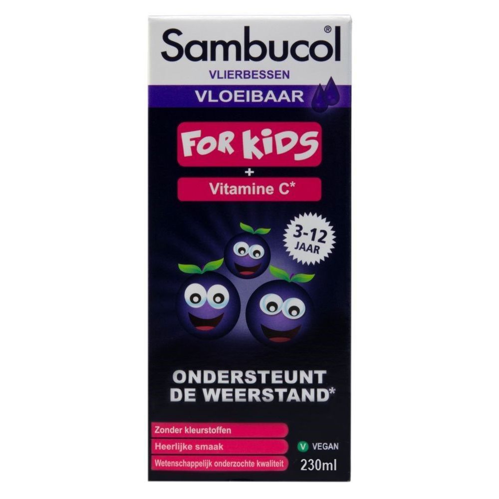 Emballage. Inscription: Sambucol, For Kids, Vitamine C. 3-12 ans. 230ml.