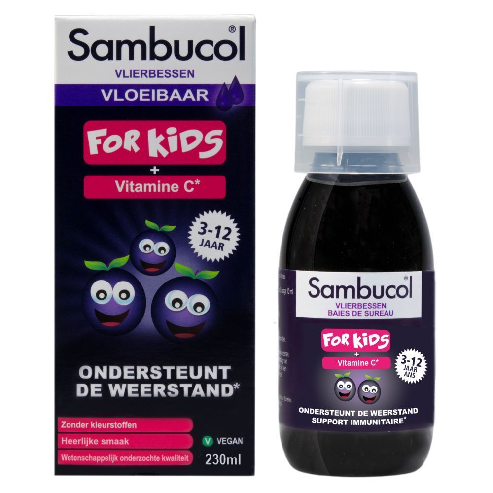 Emballage et bouteille. Inscription: Sambucol, For Kids, Vitamine C. 3-12 ans. 230ml.