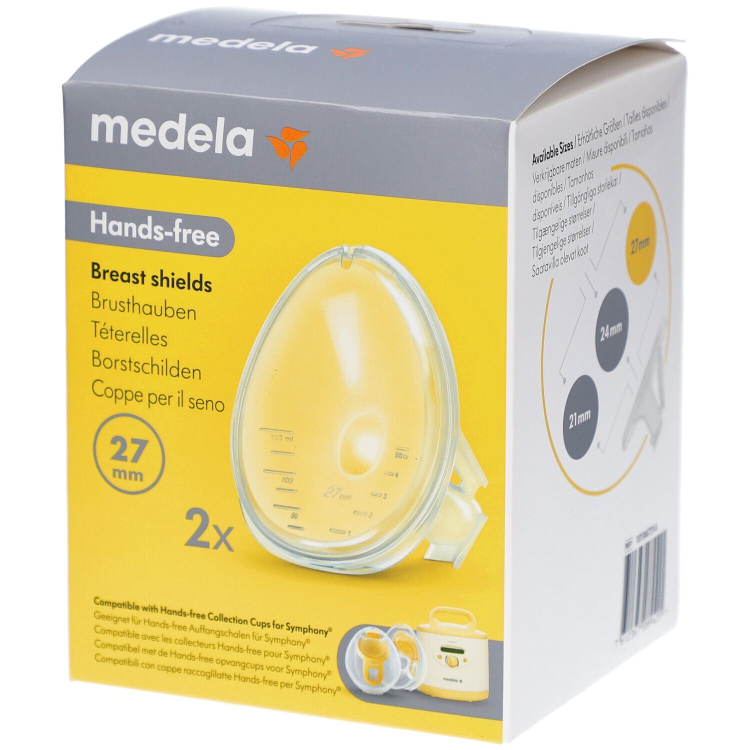 Medela protège-seins mains libres, 27 mm, en boîte. Protège-seins jaune et emballage jaune. Nom du produit et logo visibles.